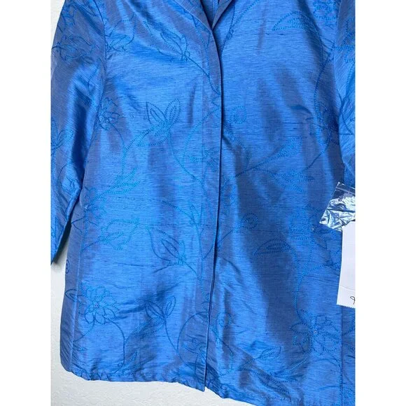 French Laundry Silk Jacket Blue Floral Embroidery 3/4 Sleeve Size Small - Picture 4 of 8